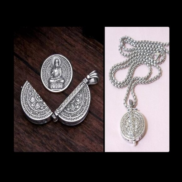 Jewelry - LORD BUDDHA COIN LOCKET PENDANT NECKLACE-Small 1" Silver Plated Amulet 24 inch